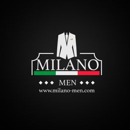 Logo von Milano Men mit Anzugmotiv, italienischer Flagge und Website-URL auf schwarzem Hintergrund.