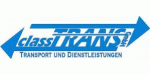 Logo mit blauen Pfeilen und Aufschrift: "classTRANS GmbH, Transport und Dienstleistungen".