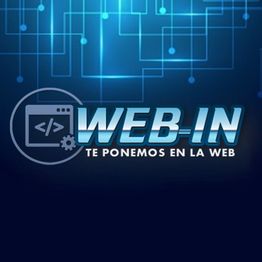 Logo con texto: "WEB-IN, te ponemos en la web" sobre fondo oscuro con elementos digitales.