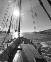 Segelboot auf dem Meer, Sonne strahlt durch die Segel, Hafen und Schiffe im Hintergrund.