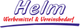 Logo mit Text: "Helm Werbemittel & Vereinsbedarf" in blauer und roter Schrift mit Schwunglinie.