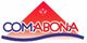 Logo de Comabona, triángulo rojo con espigas y texto azul y rojo con una línea ondulada azul.