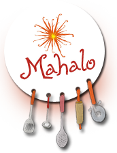 Logo "Mahalo" com talheres pendurados e uma flor estilizada laranja acima do nome.