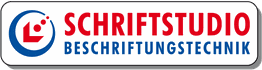 Logo mit rotem Text "Schriftstudio" und blauem Text "Beschriftungstechnik" auf weißem Hintergrund.