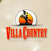 Logotipo do Villa Country com silhueta de cowboy em frente a um pôr do sol.