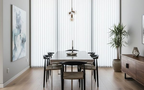 Ein helles modernes Esszimmer mit dunklen Holzmöbeln und einem lichtdurchlässigen Lamellenvorhang vor den Fenstern.