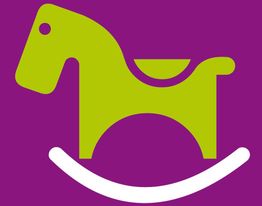 Groene hobbelpaard-silhouet op een paarse achtergrond met een witte boog aan de onderkant.