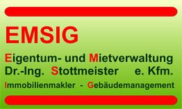 Rotes und grünes Logo der Firma EMSIG für Immobilien- und Mietverwaltung, mit Rahmen.