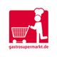 Zeichnung: Figur mit Kochmütze schiebt Einkaufswagen, Text "gastrosupermarkt.de".