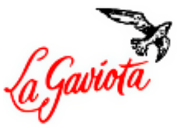 Texto "La Gaviota" en rojo con un dibujo de una gaviota negra volando.