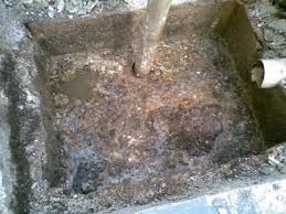 Caixa de gordura suja com resíduos acumulados em seu interior, vista de cima.
