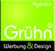 Grühn Agentur-Logo, grün und schwarz mit „Werbung & Design“ in weiß und grünem Text.