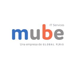Logotipo de "mube IT Services", una empresa de Global París, en azul, gris y rojo.