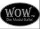Schwarzes Oval mit Schriftzug "WOW Der Modul-Sattel" in silberner Farbe.