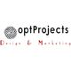 Logo mit Text "optProjects Design & Marketing", stilvolles Schriftbild und abstraktem Symbol.