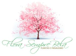 Logo com uma árvore de flores rosas e texto: Flora Sempre Bela - Plantas e Paisagismo.