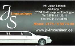 Visitenkarte mit Limousine, Kontaktinfo für "JS Limousinen", Bad Laasphe, inkl. Telefon und Webseite.