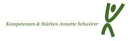 Grünes Logo: "Kompetenzen & Stärken Annette Schwörer" mit stilisierter Figur rechts.