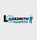Locksmith Maspeth logo with a keyhole and key design in blue and black.