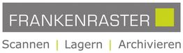 Logo mit Text: "FRANKENRASTER", "Scannen | Lagern | Archivieren" auf grauem Hintergrund.