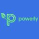 Logo met groene letter "p" met blaadje, naast de tekst "powerly" op heldere blauwe achtergrond.