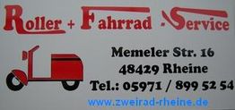 "Roller- und Fahrrad-Service-Schild mit Kontaktinfos und rotem Roller-Symbol."