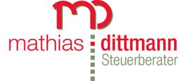 Logo mit rotem „md“ und Text: „mathias dittmann Steuerberater“.