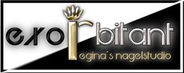 Logo mit Text: "Exorbitant - Regina's Nagelstudio", stilisierte Schrift mit Krone auf schwarzem Hintergrund.