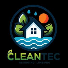 Logo van Cleantec Reiniging Limburg met huis, bladeren, zon en waterdruppels.