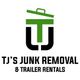 Logo for TJ's Junk Removal & Trailer Rentals with stylized green and black initials "TJ".