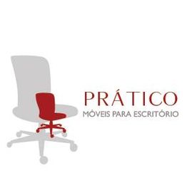 Cadeira de escritório em cinza e vermelho com texto: "Prático - Móveis para Escritório".