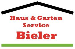Logo: Haus & Garten Service Bieler, stilisiertes Dach oben, grüner Balken unten.