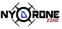 Logo with text "NY Drone Zone" and a stylized drone design in black and blue.
