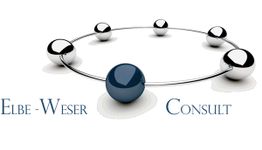 Logo mit blauen und silbernen Kugeln im Kreis und Text: "Elbe-Weser Consult".