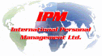 Logo mit Text "IPM International Personal Management Ltd." vor einer Weltkarte.