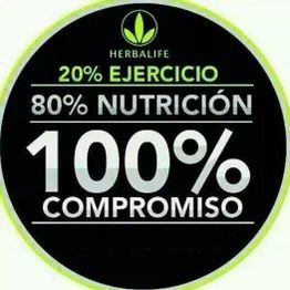 Círculo negro con texto: 20% ejercicio, 80% nutrición, 100% compromiso. Logo de Herbalife arriba.