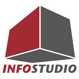 Logo de Infostudio: cubo en 3D rojo y gris, texto en rojo y gris debajo.