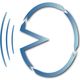 Abstract blauw logo met cirkel, pijl en geluidsgolven.