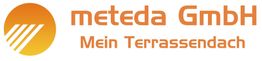 Logo von meteda GmbH, orange, mit dem Slogan "Mein Terrassendach".