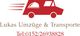 Rotes Transportfahrzeug-Logo mit „Lukas Umzüge & Transporte“ und Telefonnummer darunter.