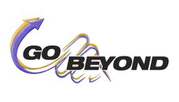 Texto "Go Beyond" con flecha curva, líneas amarillas y púrpuras. Fondo blanco.