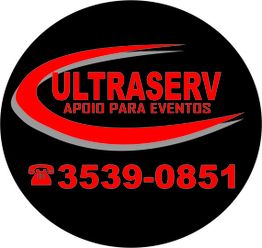 Logotipo da ULTRASERV com telefone 3539-0851 e texto "Apoio para Eventos". Fundo preto.