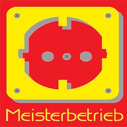 Steckdosen-Illustration mit gelbem Text "Meisterbetrieb" auf rotem Hintergrund.