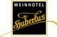 Schwarzes Logo mit goldener Schrift: "Weinhotel Hubertus".