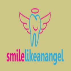 Tooth with angel wings and halo, text: "smilelikeanangel" below in pink and blue.