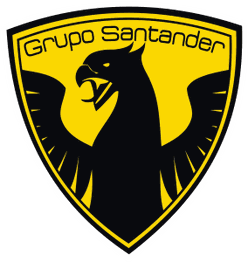 Escudo amarillo con águila y texto "Grupo Santander".