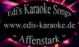 Schwarzer Oval mit weißem Text: "Edi's Karaoke Songs", URL und "Affenstark" auf pink-rotem Hintergrund.