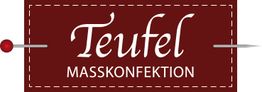 Badge mit der Aufschrift "Teufel Masskonfektion" in Weiß auf rotem Hintergrund mit Stecknadeln.