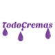 Texto "TodoCremas" en púrpura con gotas decorativas.
