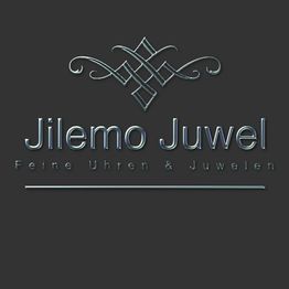 Logo von "Jilemo Juwel" mit Verzierung und Text: "Feine Uhren & Juwelen" auf grauem Hintergrund.